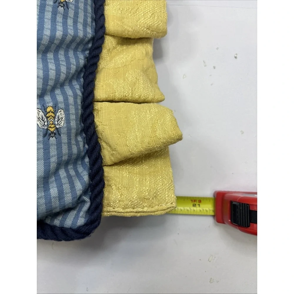 Two Vtg Blue Stripe‎ Yellow Ruffle Embroidered Bee Pillows 22x16